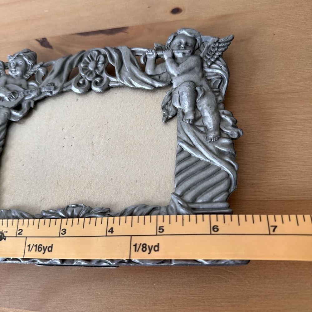Vtg Cherub Picture Frame Pewter Angel Floral 90s Silver Metal Gift Valentine - Picture 9 of 12